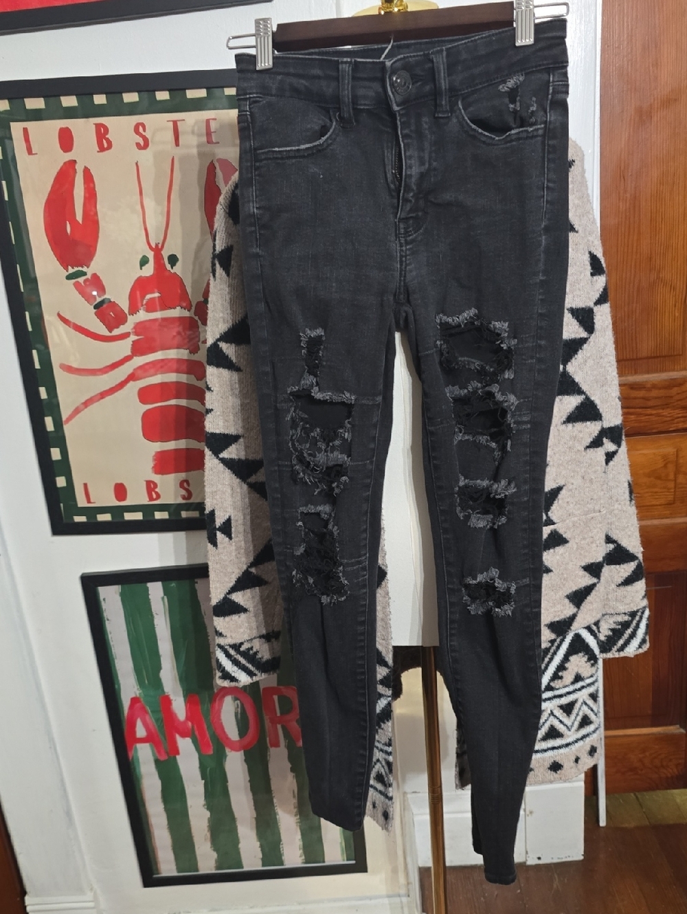 American Eagle‎ Outfitters Black Distressed Skinny Jeans 0
